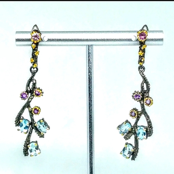 Amethyst and Blue Topaz Sterling Silver Earrings - Picture 3 of 5